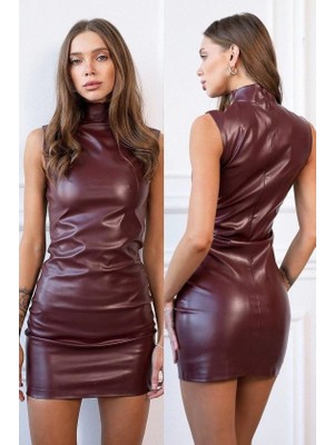 Nnstartshopping  Kadın Kolsuz Balıkçı Yaka Kısa Deri Elbise
