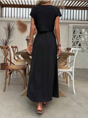 Nnstartshopping  Kadın Kısa Kollu Bisiklet Yaka Viskon Krop Bluz ve Uzun Etek Ikili Takım