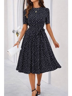 Cotton Lab Cottonlab Kadın Kısa Kollu Bisiklet Yakalı Puantiyeli Kısa Süprem Elbise