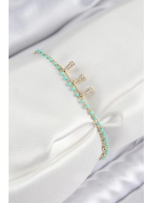 Belle Fusion Mey Ithalat® Pirinç Zirkon Taşlı Mavi Boncuklu Model Gold Renk Kadın Bileklik