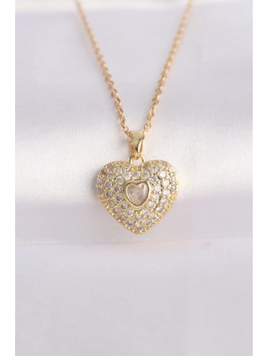 Belle Fusion Mey Ithalat® 316L Çelik Zincir Altın Renk Zirkon Taşlı Kalp Kolye