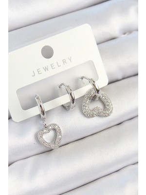 Belle Fusion Mey Ithalat® Pirinç Zirkon Taşlı Kalp Model Gümüş Renk 3'lü Çift Kadın Küpe Set