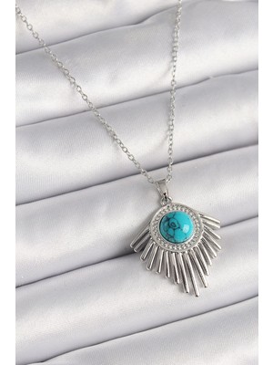 Belle Fusion Mey Ithalat® 316L Çelik Gümüş Renk Zincir Mavi Boncuklu Zirkon Taşlı Kadın Kolye