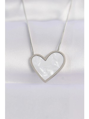 Belle Fusion Mey Ithalat® 316L Çelik Zincir Gümüş Renk Mermer Desenli Kalp Kolye