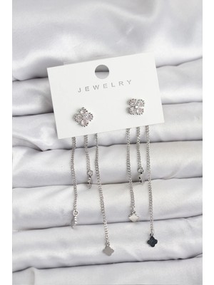 Belle Fusion Mey Ithalat® Pirinç Gümüş Renk Yonca Model Sallantılı Kadın Küpe