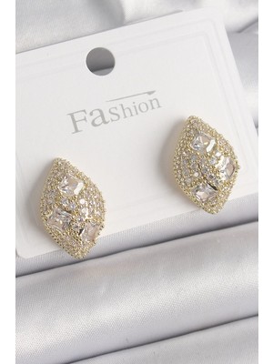 Belle Fusion Mey Ithalat® Pirinç Gold Renk Zirkon Taş Işlemeli Damla Model Kadın Küpe