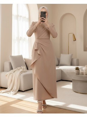 Moda Morfo Önü Allerli Eteği Asimetrik Krep Elbise  -Bej