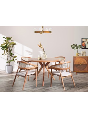 Dekorew Bohem Kayın Yuvarlak Kelebek Ayakli Masa Hasirli Sandalye Takımı 100X100CM-SILINEBILIR Kumaş