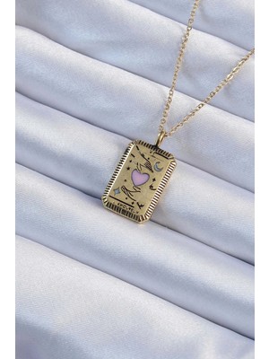 Belle Fusion Mey Ithalat® 316L Çelik Zincir Eskitme Altın Renk Pembe Mineli Kalp Figürlü Tarot Kolye