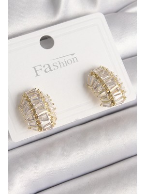 Belle Fusion Mey Ithalat® Pirinç Gold Renk Zirkon Taşlı Kaplumbağa Kabuğu Model Kadın Küpe