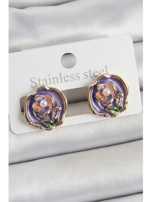 Belle Fusion Mey Ithalat® Pirinç Mor Mineli Çiçek Figürlü Sanatsal Portre Model Gold Renk Kadın Küpe