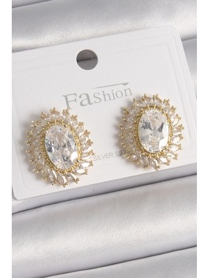 Belle Fusion Mey Ithalat® Pirinç Gold Renk Zirkon Taşlı Kadın Küpe