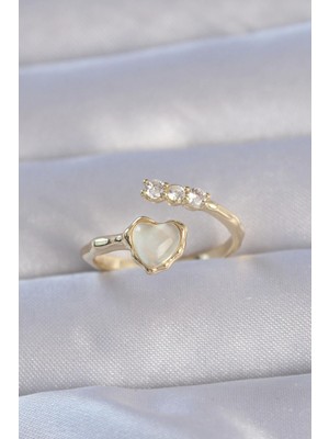 Belle Fusion Mey Ithalat® Pirinç Gold Renk Zirkon Taşlı Sedefli Kalp Model Ayarlanabilir Yüzük