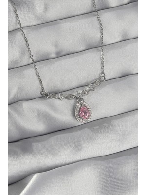 Belle Fusion Mey Ithalat® 316L Çelik Gümüş Renk Pembe Zirkon Taşlı Damla Kolye