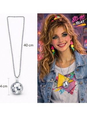 Mey İthalat Mey Ithalat® Retro Disko Topu Şekilli 80&amp;#39;ler 90&amp;#39;lar Gümüş Renk Plastik Kolye