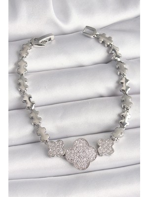 Belle Fusion Mey Ithalat® Pirinç Gümüş Renk Zirkon Taşlı Yonca Model Zincir Model Kadın Bileklik