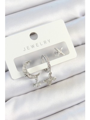 Belle Fusion Mey Ithalat® Pirinç Zirkon Taşlı Çiçek ve Ay Model Gümüş Renk 3'lü Çift Kadın Küpe Set