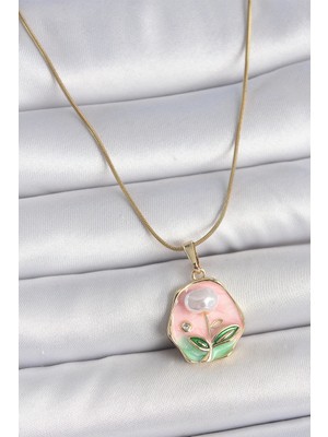 Belle Fusion Mey Ithalat® 316L Çelik Gold Renk Zincir Pembe Çiçek Işlemeli Inci Detay Portre Model Kadın