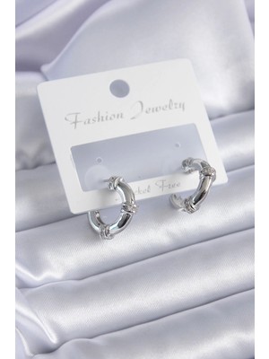 Belle Fusion Mey Ithalat® Gümüş Renk Zirkon Taşlı Halka Model Pirinç Kadın Küpe