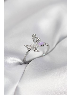 Belle Fusion Mey Ithalat® Gümüş Renk Kelebek Model Zirkon Taşlı Kadın Yüzük