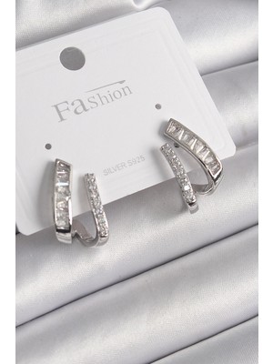 Belle Fusion Mey Ithalat® Pirinç Gümüş Renk Zirkon Taşlı Kadın Küpe