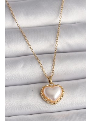 Belle Fusion Mey Ithalat® 316L Çelik Gold Renk Zincir 3D Inci Kalp Model Kadın Kolye