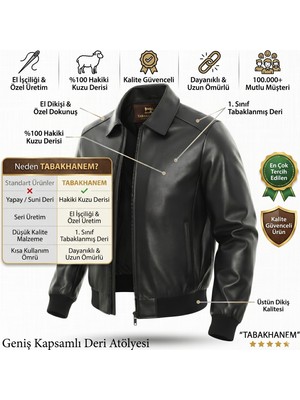 Tabakhanem Erkek Siyah %100 Hakiki Kuzu Derisi Mont - 1. Sınıf El Işçiliği Premium Deri Ceket