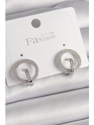 Belle Fusion Mey Ithalat® Pirinç Gümüş Renk Zirkon Taşlı Halka Model Kadın Küpe