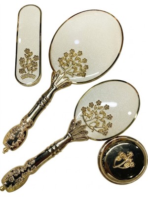 Ceyyiz Bahar Dalı Modeli Beyaz Gold Ayna Fırça Tarak Seti