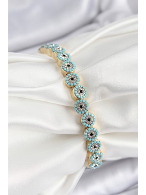 Paxteks Pirinç Zirkon Taşlı Turkuaz Nazar Model Gold Renk Lastikli Kadın Bileklik