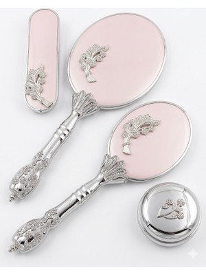 Ceyyiz Camomile Pudra Pembe Silver Ayna Fırça Seti 4'lü - Lüks Taşlı Gümüş Gelin Bohçası Takımı