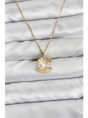 Paxteks 316L Çelik Zincir Gold Renk Istiridye Inci Model Zirkon Taşlı Kadın Kolye