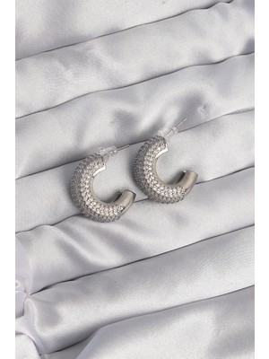 Belle Fusion Mey Ithalat® Pirinç Gümüş Renk Zirkon Taşlı Yarım Halka Küpe