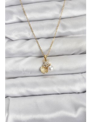 Paxteks 316L Çelik Zincir Gold Renk Deniz Kabuğu ve Deniz Yıldızı Model Zirkon Taşlı Kadın Kolye