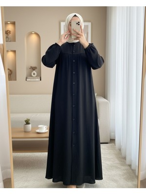 Moda Morfo Hakim Yaka Boydan Düğmeli Keten Tunik -Siyah