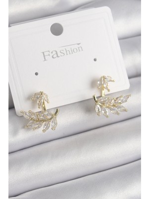 Paxteks Pirinç Gold Renk Zirkon Taşlı Yaprak Model Kadın Küpe