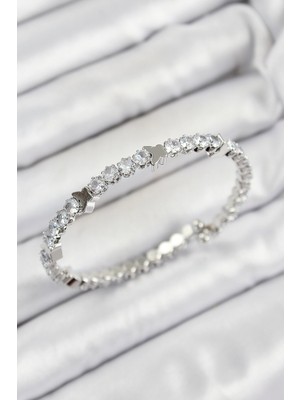 Paxteks Pirinç Zirkon Taşlı Kalp Model Gümüş Renk Yaylı Kadın Bileklik