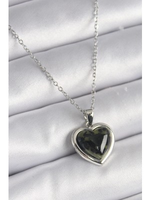 Belle Fusion Mey Ithalat® 316L Çelik Gümüş Renk Yeşil Mineli Kalp Model Kadın Kolye