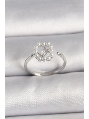 Belle Fusion Mey Ithalat® Pirinç Gümüş Renk Zirkon Taş Detaylı Incili Ayarlanabilir Yüzük