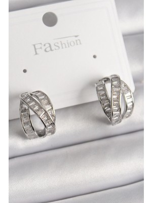 Belle Fusion Mey Ithalat® Pirinç Gümüş Renk Zirkon Taşlı Düğüm Halka Model Kadın Küpe