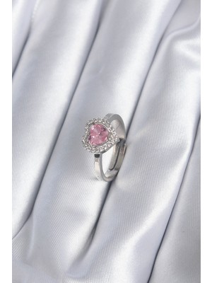 Paxteks Pirinç Gümüş Renk Pembe Zirkon Taşlı Charm Model Kadın Yüzük