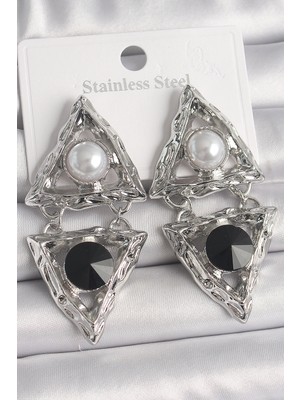 Belle Fusion Mey Ithalat® Pirinç Gümüş Renk Sallantı Üçgen Model Inci Detay Kadın Küpe