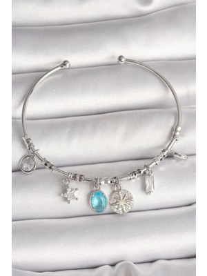 Belle Fusion Mey Ithalat® Pirinç Gümüş Renk Sallantı Pusula Figür Kalp Detay Charm Kadın Bileklik