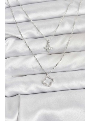 Paxteks Pirinç Gümüş Renk Yonca Model 2&AMP;#39LI Kadın Kolye