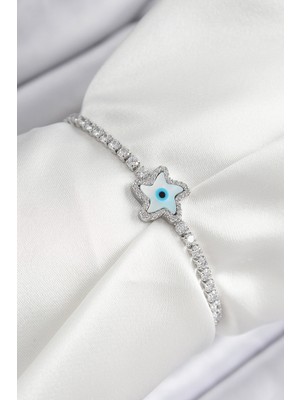 Tuba Toptaş Pirinç Zirkon Taşlı Nazar Yıldız Model Gümüş Renk Asansörlü Kadın Bileklik