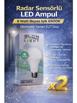 Tuba Toptaş Radar Sensörlü LED Ampul 9 Watt Beyaz Işık 6500K Otomatik Yanan E27 Duy 2 Adet