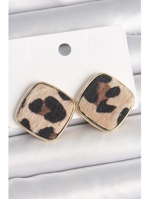 Paxteks Pirinç Gold Renk Kare Leopar Model Kadın Küpe
