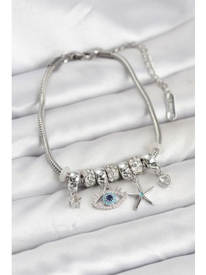 Tuba Toptaş Pirinç Gümüş Renk Göz Model Charmlı Kadın Bileklik