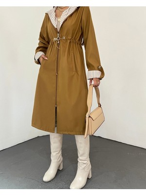 Moda Morfo Belden Sıkmalı Kapitone Astarlı Kapşonlu Trençkot -Taba