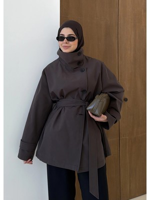 Moda Aksa Coton Mevsimlik Dik Yaka Trenç Kahve